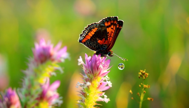 Encuentro elegante con una mariposa monarca descansando sobre una planta floral que cautiva la luz y la belleza de la naturaleza