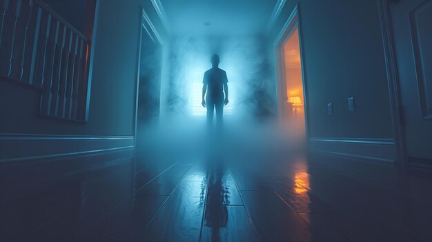 Foto encuentro fantasmal con una figura inquietante en una casa en medio de la luz radiante