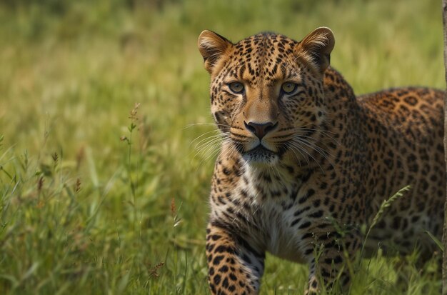 Encuentro con gracia un leopardo marrón en medio de vibrantes pastizales verdes ar 32