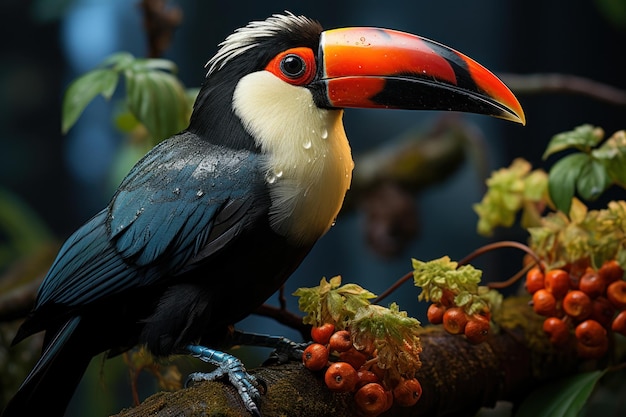 Un encuentro hipnotizante El encantador tucano con un plumaje vibrante en el exuberante abrazo del bosque tropical