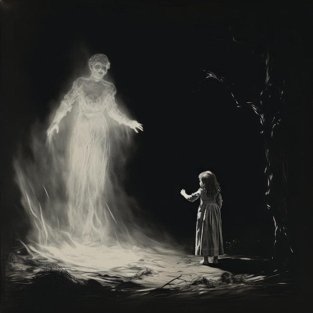 Foto el encuentro inquietante la aterradora confrontación de un niño victoriano con un aparato fantasmal etéreo