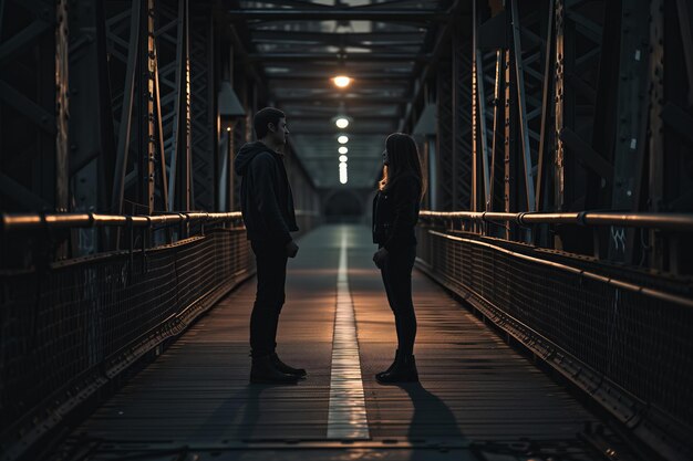 Encuentro misterioso de dos personas enfrentadas en un puente iluminado