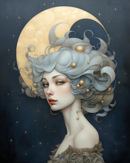 Foto encuentro místico un retrato celestial de una chica serena en medio de cielos iluminados por la luna
