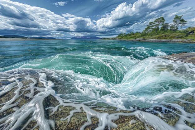 Encuentro de las olas del río y del mar en Saltstraumen, Noruega