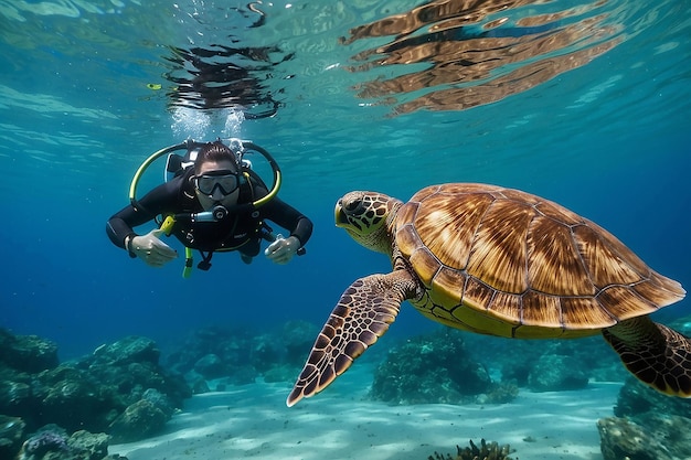 Encuentro submarino con una tortuga y un buzo en el océano