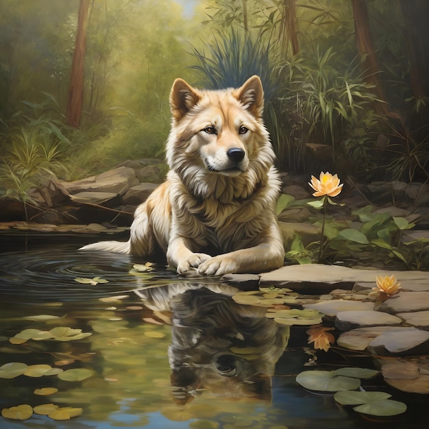 Encuentro tranquilo en el estanque con reflejo de un canino en peligro de extinción