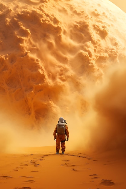 El encuentro de un viajero espacial con una tormenta de arena cósmica en un planeta desierto foto realista