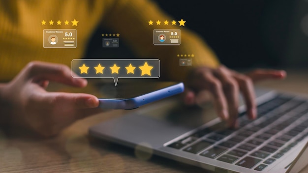 Encuesta de satisfacción del cliente Concepto Satisfacción de 5 estrellas Clasificación de la experiencia del servicio Aplicación en línea Evaluación del cliente Producto Servicio Satisfacción de calidad Revisión de comentarios Buena calidad La mayoría
