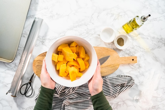 Endecha plana. Calabaza asada con sal y pimienta en aceite de oliva.