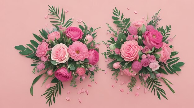 Endecha plana de hermoso arreglo floral copia espacio fondo rosa