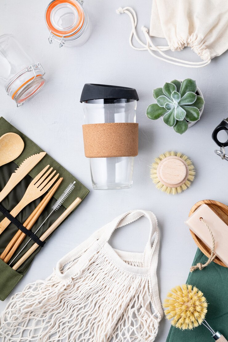 Endecha plana del kit Zero Waste. Juego de cubiertos de bambú ecológicos, bolsa de malla de algodón, vaso de café reutilizable, cepillos, barra de jabón y botella de agua. Estilo de vida sostenible, ético y sin plástico