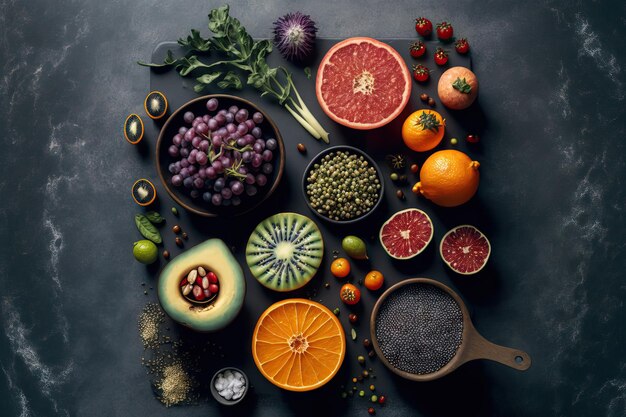 Endecha plana de varias semillas de frutas y verduras en una mesa gris Dieta óptima