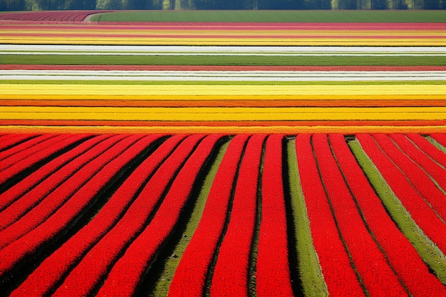 Endlose Reihen farbenfroher Tulpenfelder in Blüte