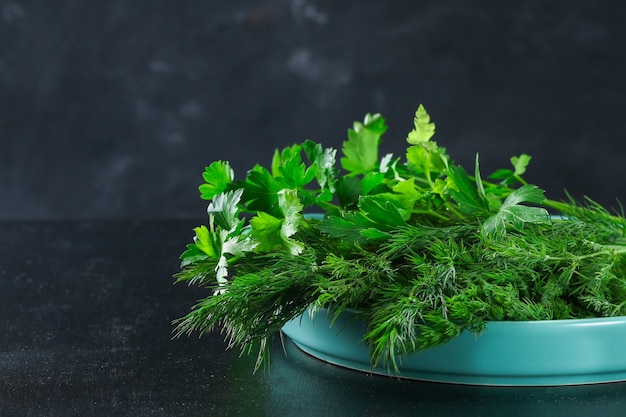 Eneldo de hierbas culinarias verdes en un plato azul