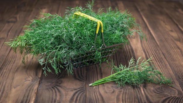 Eneldo verde fresco en una cesta de metal sobre una mesa rústica