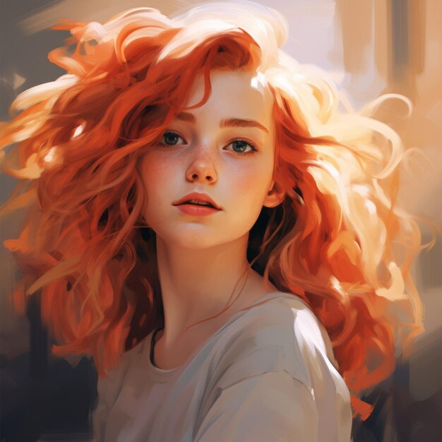 Foto energética pintura digital de una chica bonita con el cabello rojo