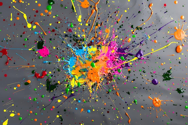 Energéticas salpicaduras de pintura multicolor sobre un fondo gris que crean un visual animado y visualmente llamativo para proyectos de arte y diseño modernos
