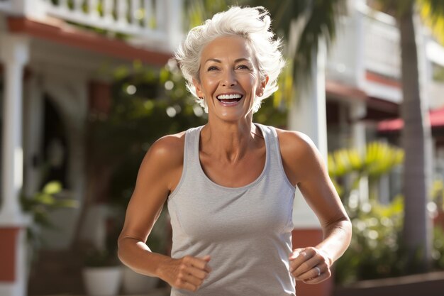 Energetische ältere Frau genießt einen erfrischenden Morgenjogging im Freien an einem sonnigen Sommertag