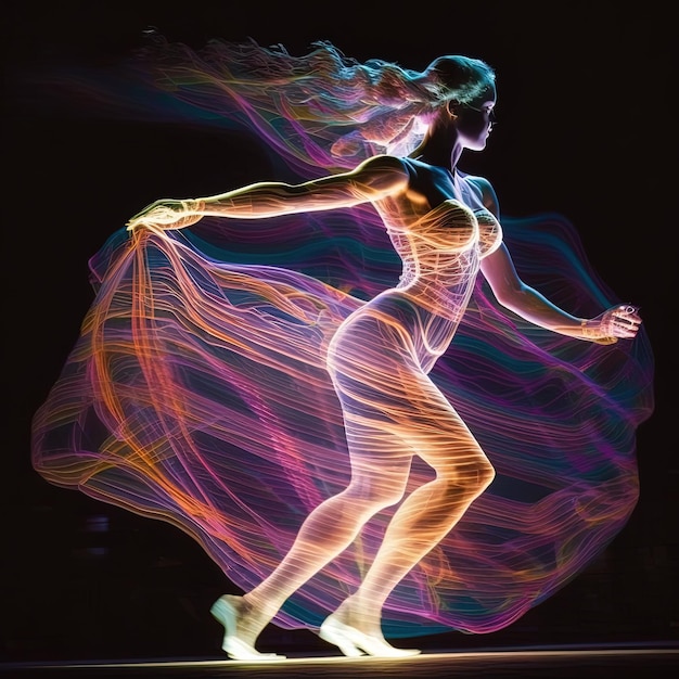 Energetische Rhythmen-Tänzerin, die sich im Takt der Neonlichter bewegt