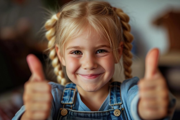 Energetisches lächelndes blondes Mädchen gibt die Daumen hoch