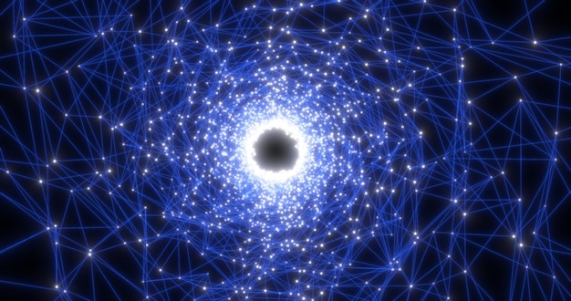 Energía azul brillante túnel digital plexo hecho de líneas y triángulos hitech futurista mágico brillante brillante marco redondo fondo abstracto