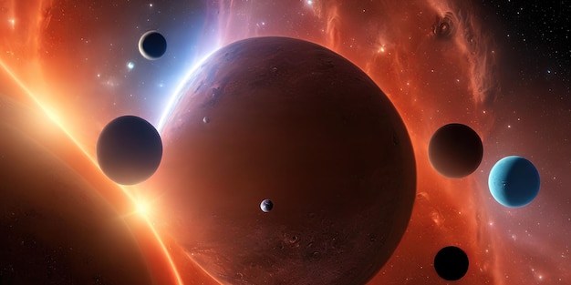 Energía cósmica naranja, planetas y estrellas en el espacio profundo