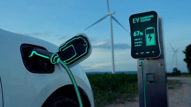 Energía de recarga de automóviles eléctricos desde la estación de carga en un parque de turbinas eólicasPeruse