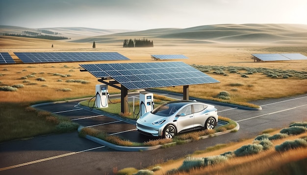 Energía renovable en el horizonte coche eléctrico en el oasis de carga del desierto