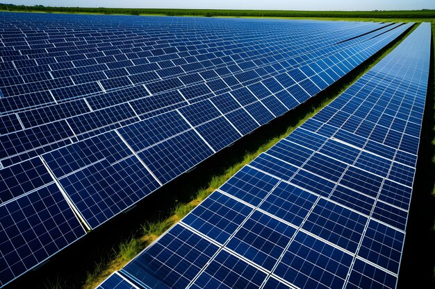 Energia renovável Vista aérea de painéis solares em um campo com fundo de céu azul IA geradora