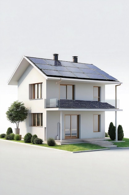 Energía solar Rendering 3D de una casa moderna con paneles fotovoltaicos aislados en un fondo limpio