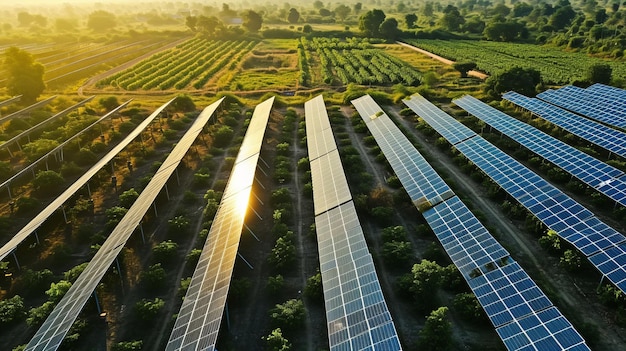 Foto la energía sostenible se eleva captivando la perspectiva aérea del campo de paneles solares en bhojawala nagina