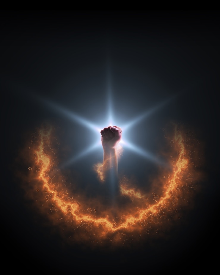 Foto energía de starfire. fuerte poder de fuego en la mano. fondo. aislado