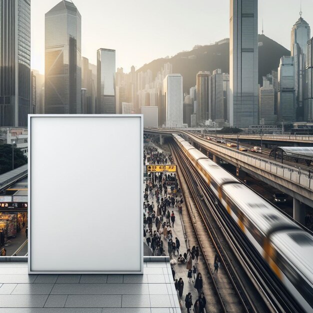 La energía urbana se encuentra con el marketing digital en una maqueta de un cartel blanco en una bulliciosa estación de Hong Kong.