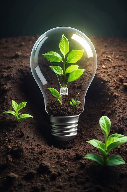 Energía verde y un futuro brillante Bombilla de luz en el suelo concepto de IA generadora de energía verde