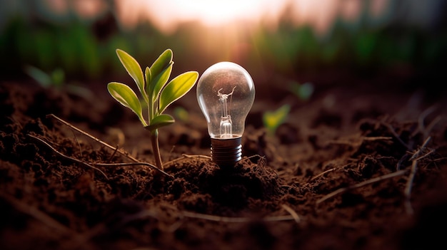 Energía verde y un futuro brillante Una bombilla en el suelo IA generativa