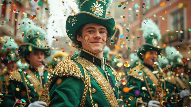 Enérgica banda de música en uniformes verdes en el desfile del Día de San Patricio