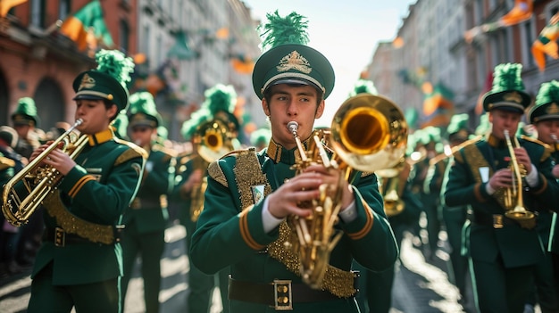 Enérgica banda en uniformes verdes para el desfile del Día de San Patricio Generado por IA