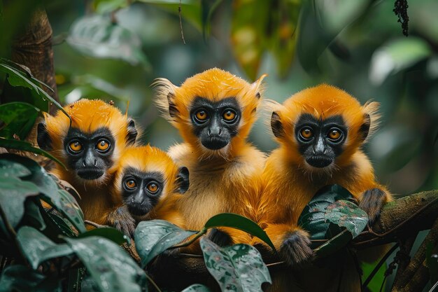 Foto enérgica tropa de monos que se divierten en la jungla