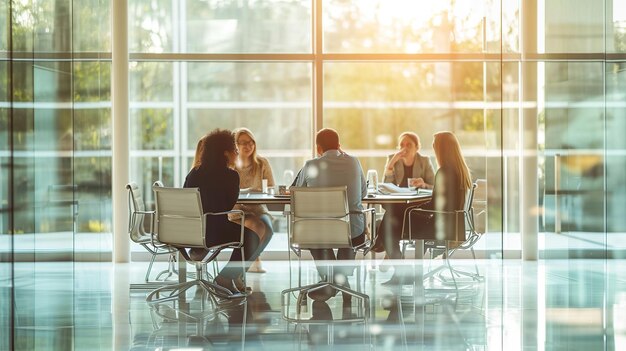 Un enérgico equipo de negocios elaborando estrategias en una moderna sala de conferencias