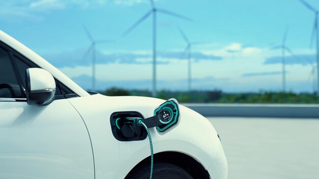 Foto energie für das aufladen von elektroautos von einer ladestation in einem windturbinenparkperuse