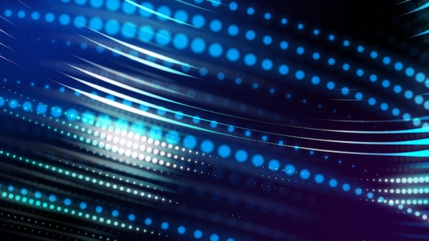 Energie macht digitale Datenübertragung neonfarbener Laserlichtpfad auf der Bühne mit Blendung im Cyberspace-Hintergrund