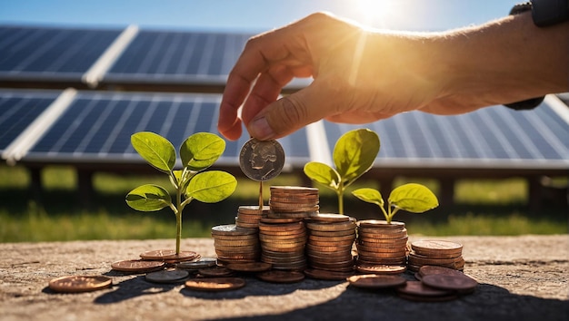 Energie- und Geldsparkonzeptbild mit Münzen in der Hand vor Solarpanelen