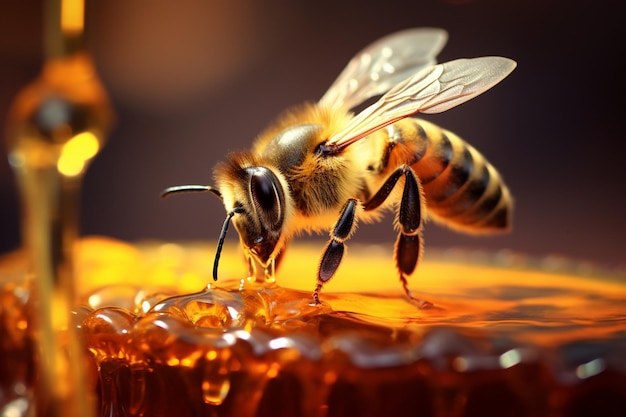 Energiegeladene Biene schwebt über Glasgefäß, aus dem goldener Honignektar sickert