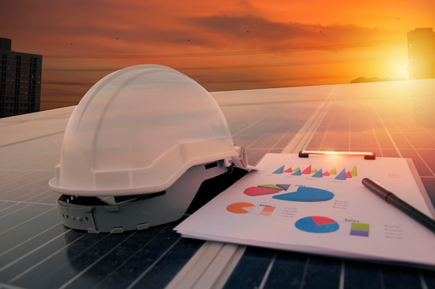 Energiekonzept arbeitende Solarstation PhotovoltaikmoduleScience SolarenergieIngenieur arbeitet an der Überprüfung und Wartung von Geräten bei Industriesolarstrom Diagrammabschnitt Stromverbrauch