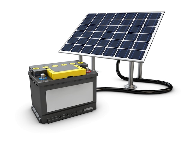 Foto energiekonzepthintergrund mit solarpanel und ladebatterie, 3d-darstellung
