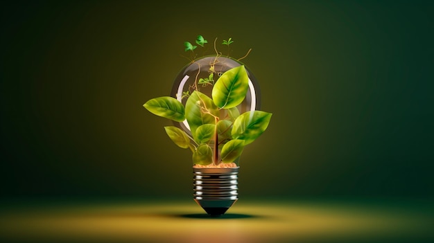 Energiesparlampe in der grünen Pflanze auf dem Boden mit der Glühbirne im Inneren