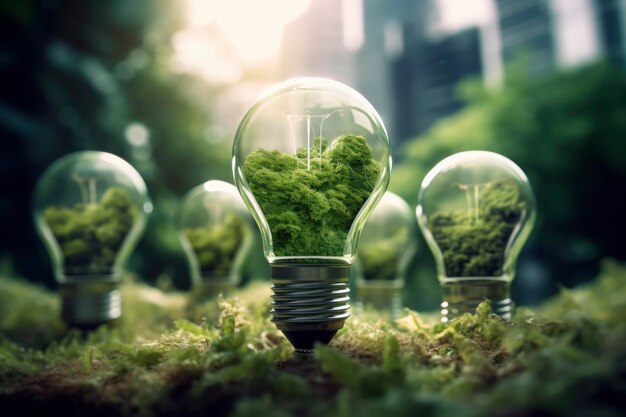 Energieverbrauch und CO2-Emissionen steigen Glühbirnen mit grüner Öko-Stadt Erneuerbare Energie bis 2050 Kohlenstoffneutrale Energie Energie sparen kreatives Ideenkonzept