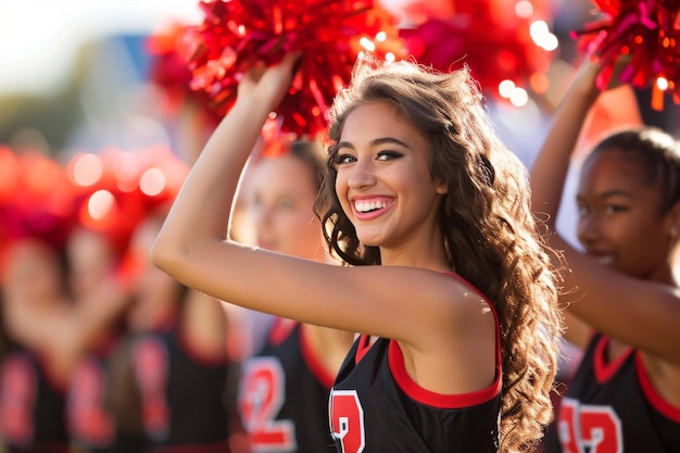 Energische Highschool-Cheerleader in Stadionuniformen fesseln die begeisterte Menge