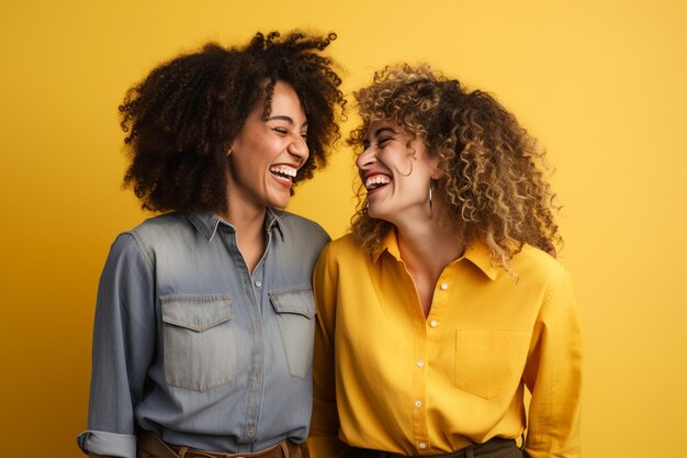 Energische junge Frauen, Freunde, die sich in gelben Kleidern im lässigen Hintergrund miteinander amüsieren