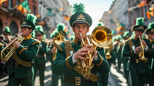 Foto energische marschband in grünen uniformen st. patrick's day parade ki generiert